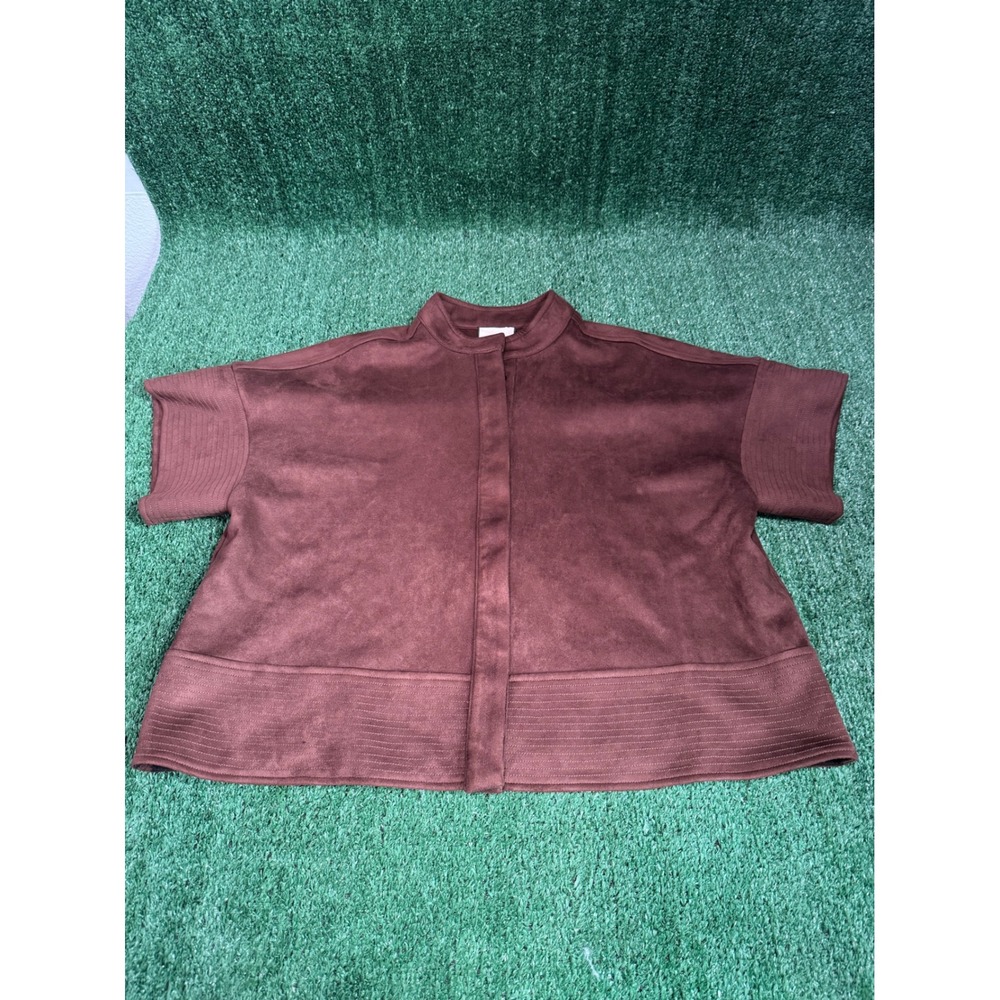 TUCKERNUCK Brown Suede Like Short Sleeve Button Front Top Women's M